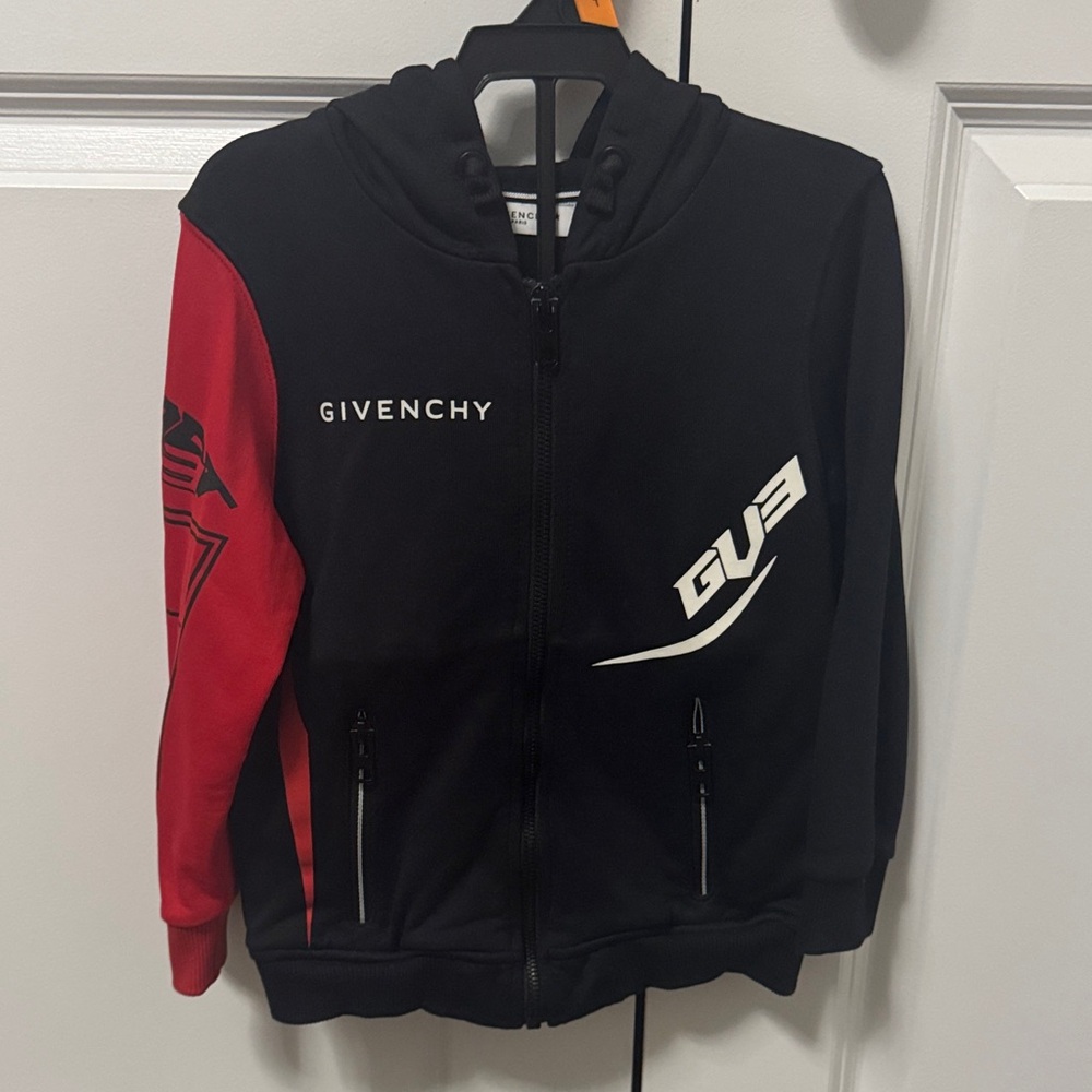 Givenchy Black Hoodie with Red Sleeve and White Logos